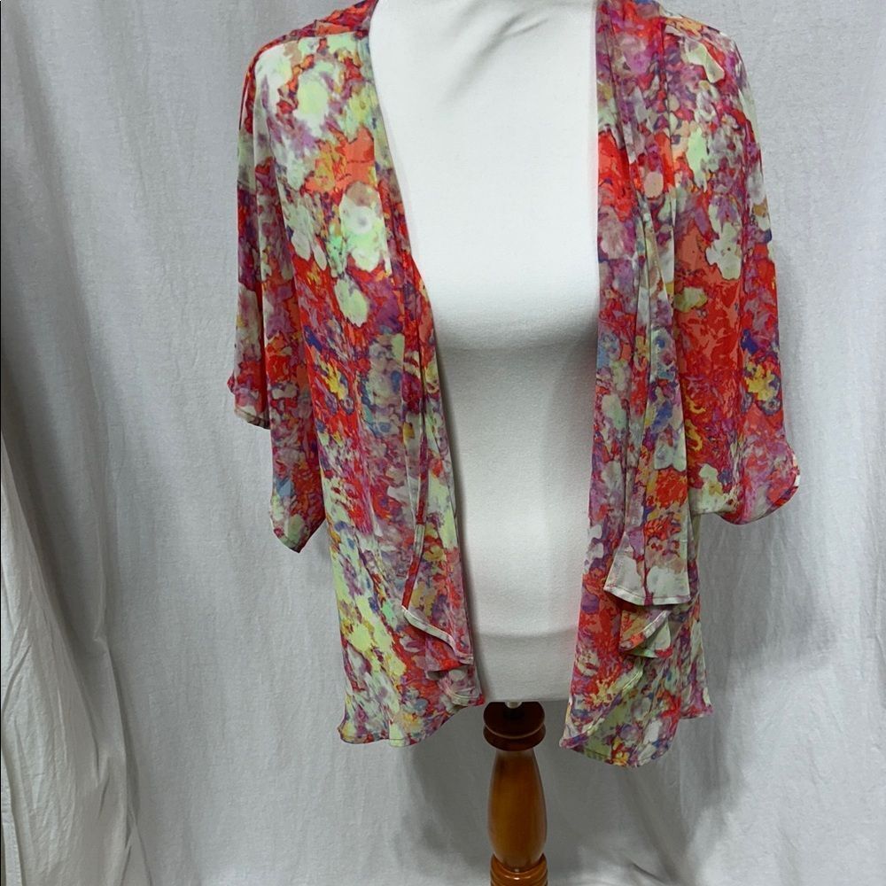 Decree Floral Open-Front Kimono in Red and Pastels
